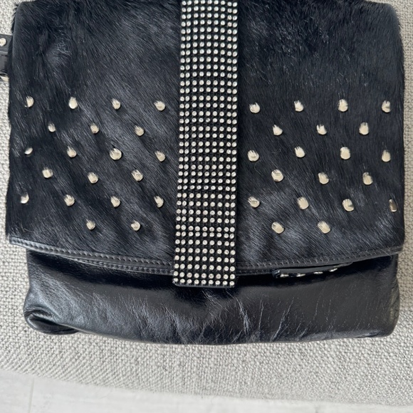 DX Touch Cowhide Italian Black Leather Bag with Swarovski Crystals - Picture 6 of 9